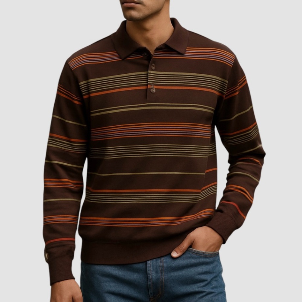 Vintage Striped Long Sleeve Wool Blend Knit Sweater, Chocolate Brown,‎ Size L